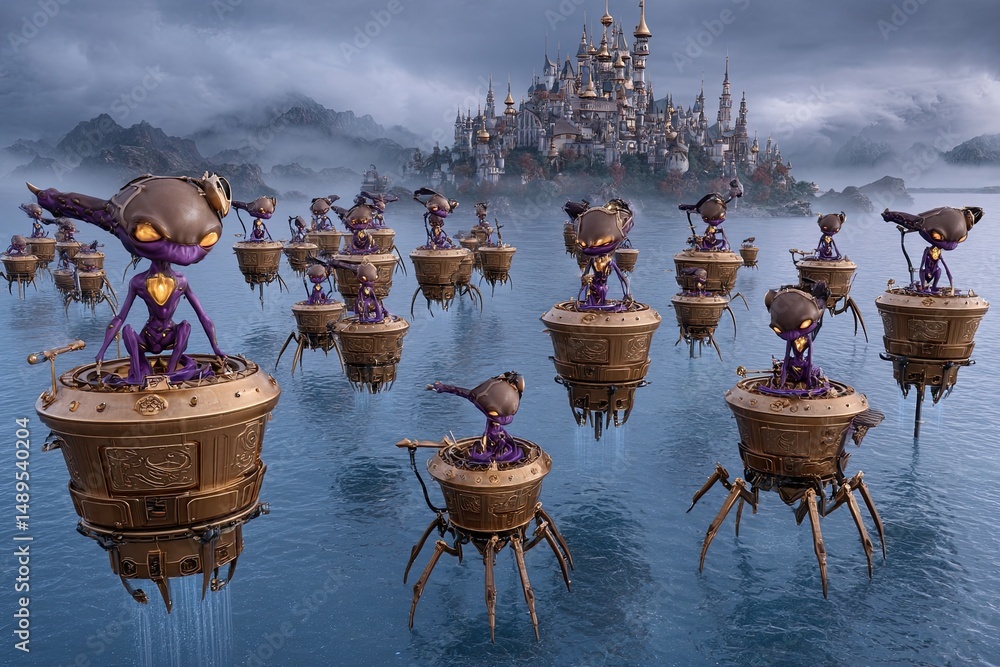 Poster fantasy world with floating robots and enchanted castle background