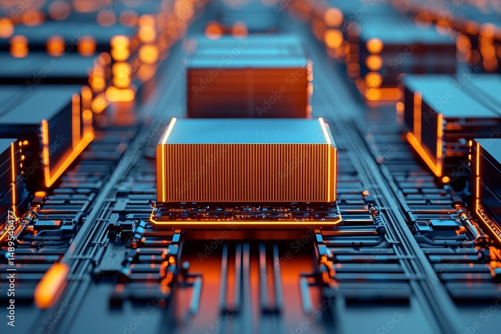Poster futuristic circuit board with glowing components and a central processor.