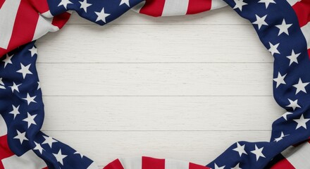 United States flag border on white wood background, patriotic frame