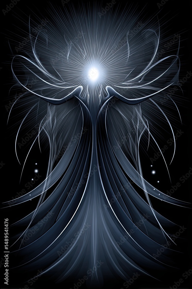 Poster ethereal abstract design with light and flowing shapes on black background