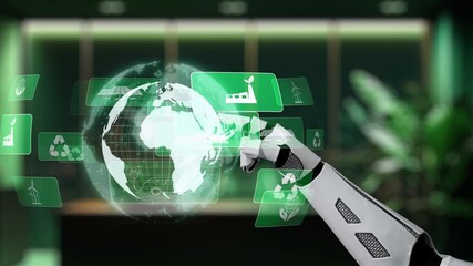 A modern robotic hand interacts with a glowing digital globe, representing an eco-conscious future. The video highlights technology role in sustainability and progress. Auvana - Powered by Adobe