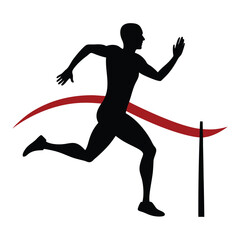 Silhouette of a male athlete running through the finish line, symbolizing victory, determination, and competitive spirit in sports.