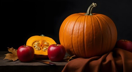 Vibrant Pumpkin and Apples on Dark Background for Autumn Decor