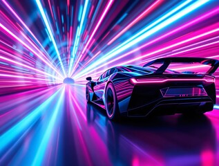 Futuristic sports car driving in a neon tunnel, cyberpunk style with vibrant glowing lights on a glossy background, concept of high-tech transport. Ai generative