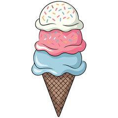 Colorful frozen dessert in crispy waffle cone isolated vector illustration on white background