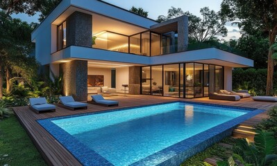 Fototapeta premium modern two-story house with large glass windows surrounded by trees and illuminated swimming pool at dusk with lounge chairs on wooden deck