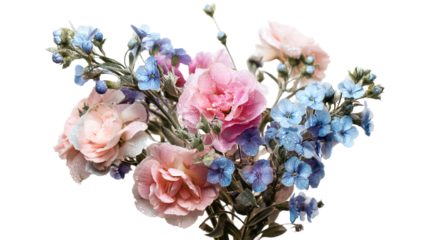 a vase filled with pink and blue flowers
