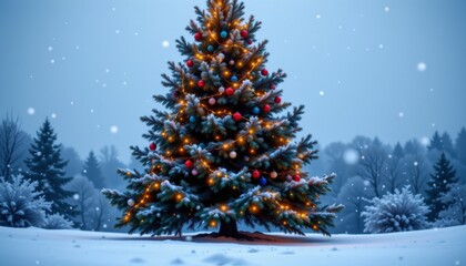 Obraz premium a serene winter landscape with a majestic fir tree adorned with ornaments and twinkling lights, set against a backdrop of gently falling snowflakes.