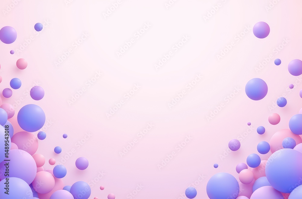 Poster pastel purple and pink 3d spheres clustered at the bottom corners on a soft gradient background.