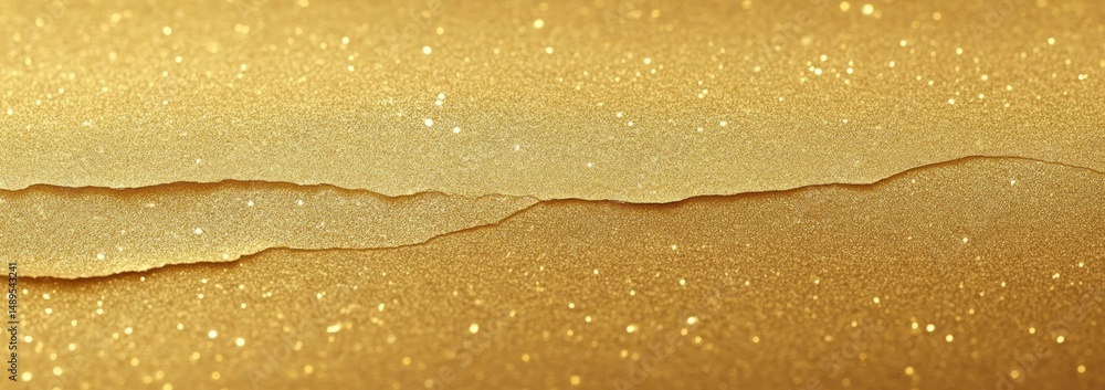 Poster close-up image of shimmering golden glitter textured surface with layered horizontal waves creating 