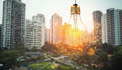 Symbolic representation of innovation through a lightbulb above an urban landscape.