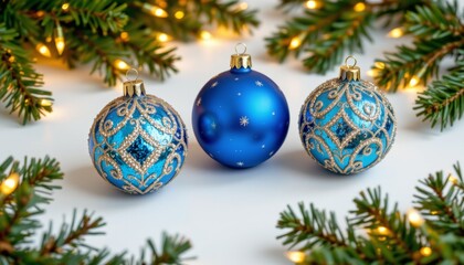 Fototapeta premium three shimmering blue and gold christmas balls are elegantly displayed on a crisp white background, surrounded by festive greenery and twinkling lights.