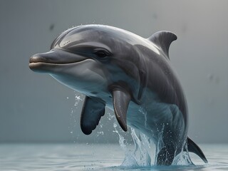 Dolphin emerging from the water, showcasing its sleek body and playful nature. Splashes of water add dynamic movement to the scene in a marine environment.