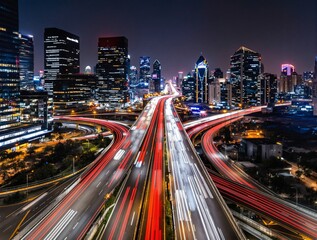 Obraz premium Urban highway with vibrant light trails and modern skyscrapers, digital illustration style, night city background, concept of fast city transport. Ai generative