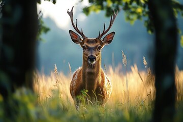 Fototapeta premium Majestic deer with antlers standing calmly in tall grass surrounded by trees in a serene forest setting with soft natural lighting