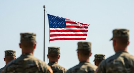 United States flag waving above military personnel in a solemn outdoor setting