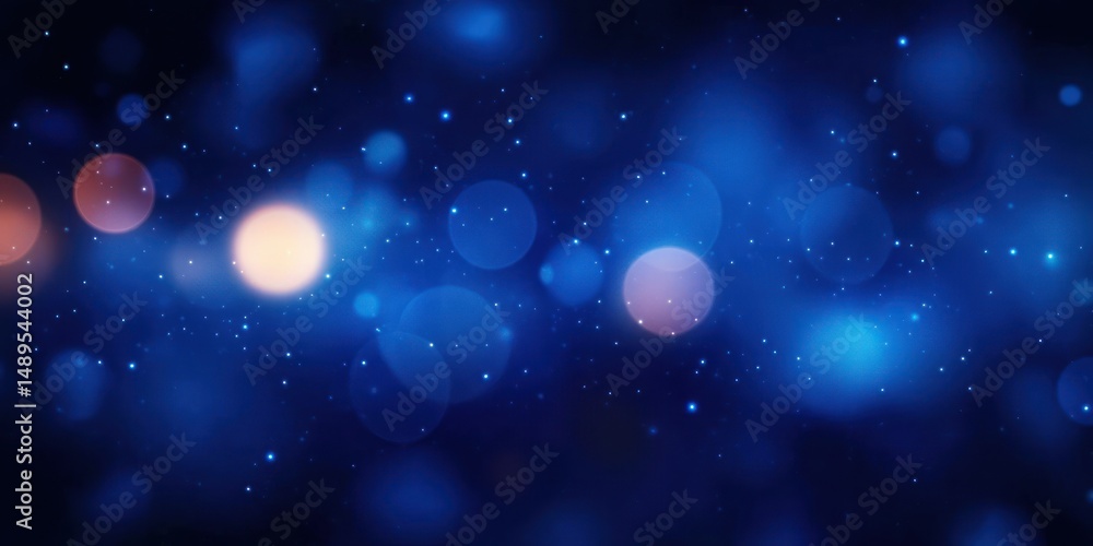 Poster abstract blue background with glowing bokeh lights and scattered sparkling particles creating a magi