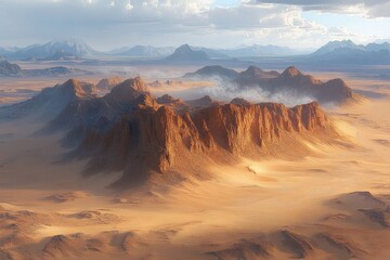 Naklejka premium Vast desert landscape featuring rugged reddish-brown mountain range under a partly cloudy sky with distant peaks and a serene atmosphere