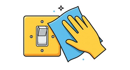 Gloved hand cleaning light switch with cloth. Hygiene, sanitation, and disinfection concept illustration.
