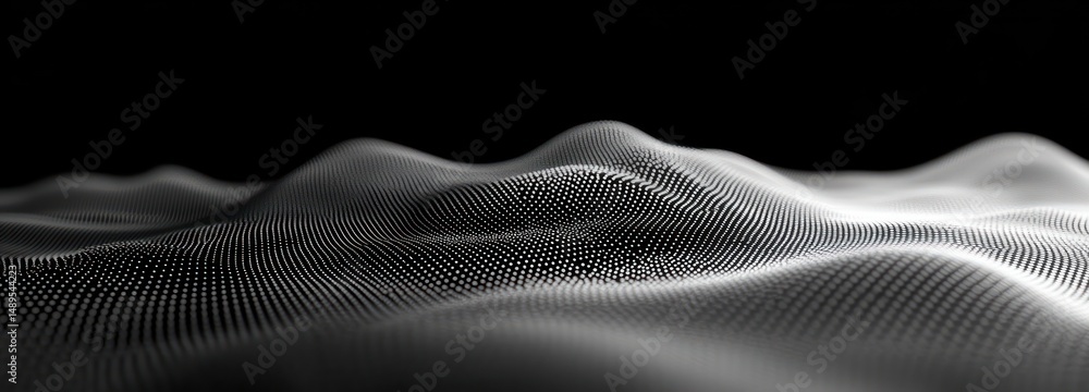 Poster smooth abstract landscape formed by flowing white dots on a black background creating a sense of dep