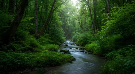 Obraz premium Serene Flowing Stream in a Lush Green Forest Paradise