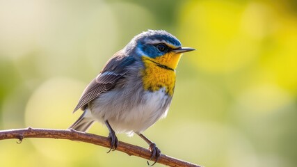 Obraz premium Vibrant Small Bird Perched on a Twig, Showing Off Its Striking Blue, Gray, and Yellow Plumage