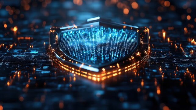 Abstract digital shield with glowing binary code, symbolizing futuristic cyber protection in cool blue and silver tones.