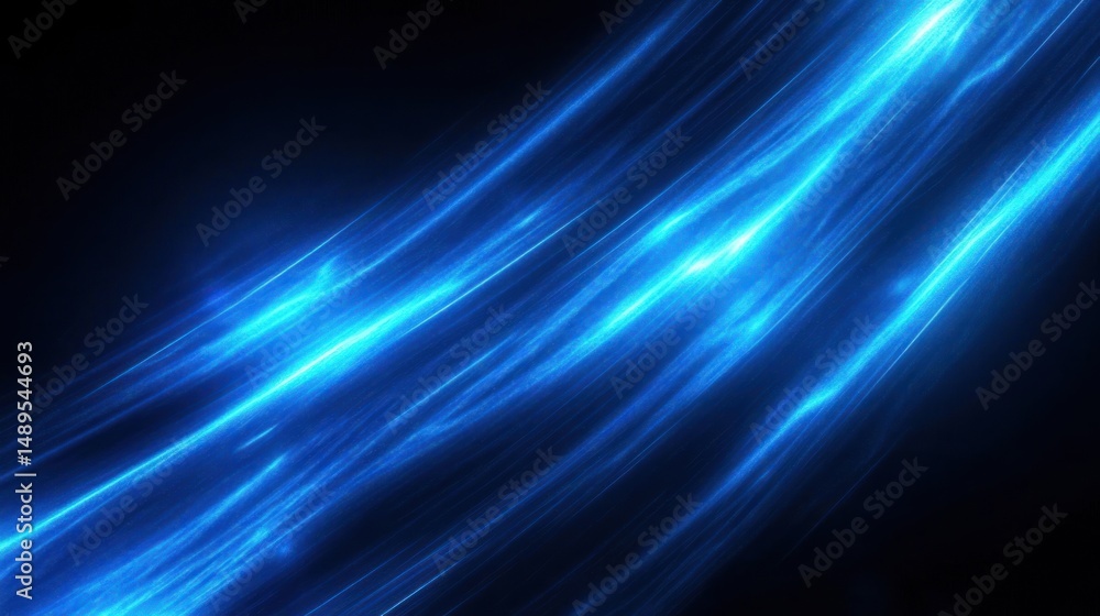 Poster dynamic flowing blue light streaks on a dark background creating a sense of motion and energy