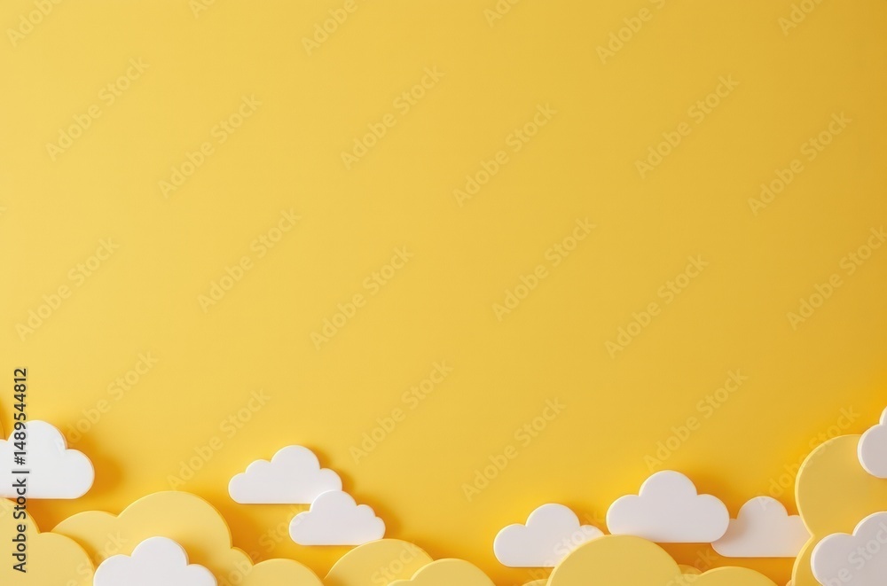 Poster minimalist yellow background with white paper clouds along the bottom edge, creating a cheerful and 