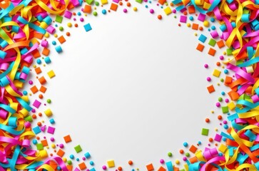 Colorful confetti and ribbons frame a blank white center, creating a festive and celebratory border.