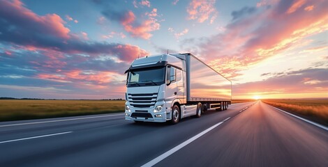 White semi truck driving on highway with sunset sky, digital art style, open field background. Concept of modern logistics and transport. Ai generative