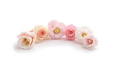 Soft pastel flower crown with a clean white background, symbolizing femininity and grace. High quality