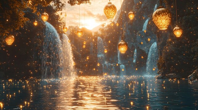 Wide shot of a city floating on an endless ocean, suspended between massive waterfalls, golden lanterns floating in the air. Cinematic fantasy utopia