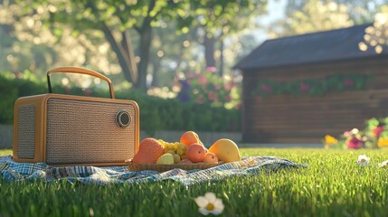Picnic scene with retro radio and fruits on a blanket in a sunny outdoor setting