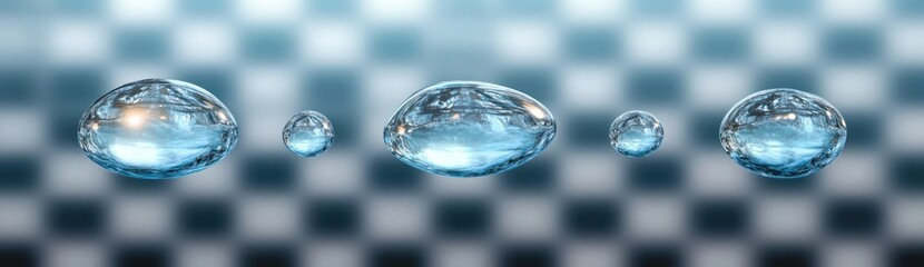 Transparent water droplets of various sizes floating above a blurred black and white checkered surface reflecting light and surroundings