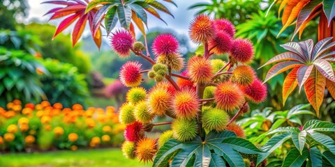 Fototapeta premium Colorful Castor fruit tree in a lush garden with green leaves and vibrant flowers, castor fruit