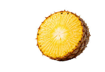 A juicy half pineapple with visible fibrous texture and bright yellow flesh, isolated on a pure white background, water droplets on the surface, professional product shot.