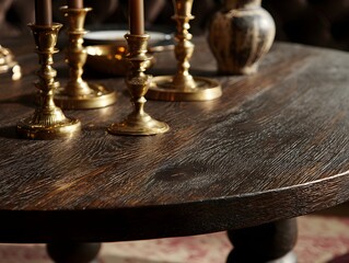 Deeply stained oak table adorned with brass candles evokes refined dining ambiance and timeless elegance