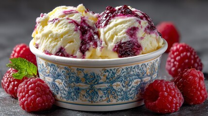 Coupé of ice cream with raspberries and white chocolate.