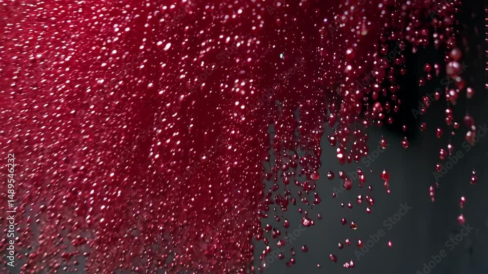 Poster abstract cascading droplets of deep red liquid against a dark background, creating a visually striki