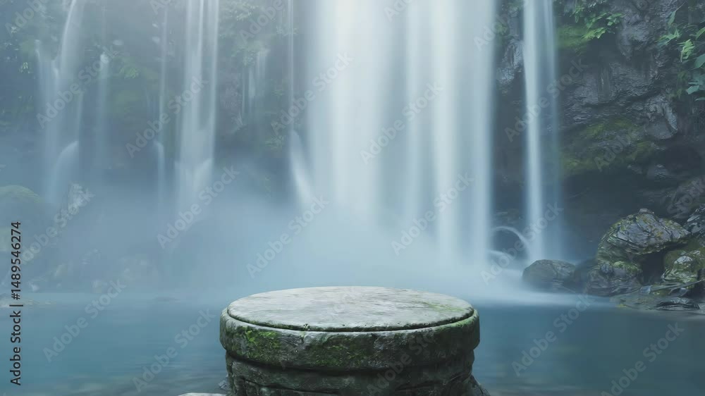 Poster empty stone podium platform floats on the water waterfall background, blank stage for display presen