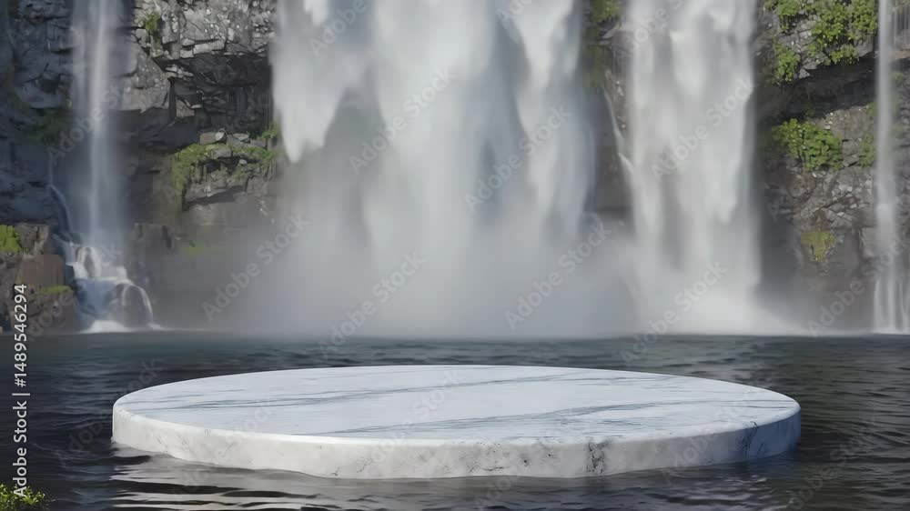 Poster empty marble stone podium platform floats on the water waterfall background, blank stage for display