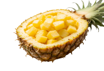 Half a pineapple cut open with diced chunks of pineapple placed inside the hollowed shell, clean white background, food styling with minimal shadows