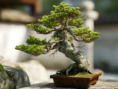 Bonsai tree pruning from three-quarter angle showcases minimalist design and delicate horticultural artistry in nature