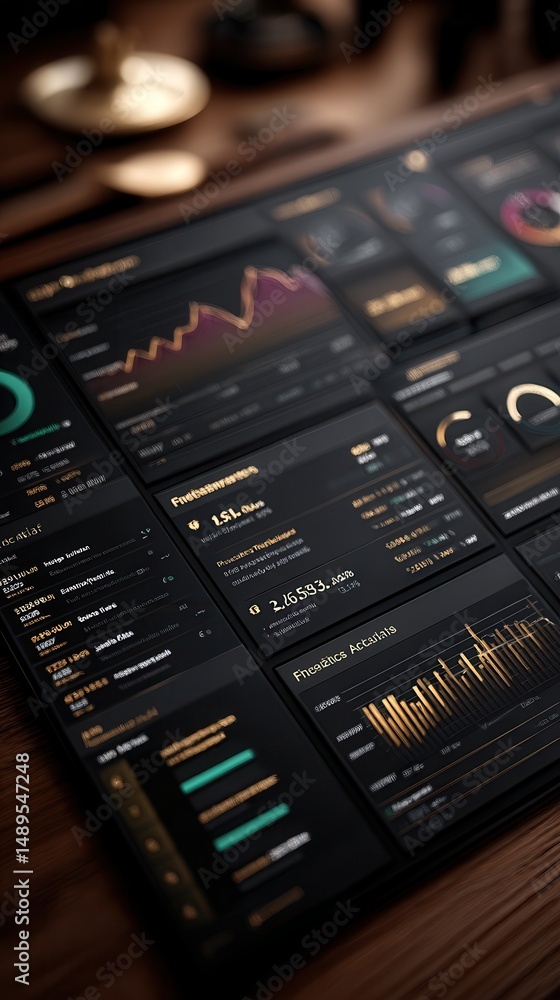 Poster professional dark mode financial dashboard displaying analytics graphs, performance metrics, and mar