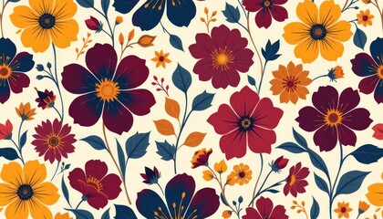 an elegant seamless design with a retro flair, showcasing a mix of bold graphic flowers in shades of maroon, navy, and mustard on a subtle cream colored background.