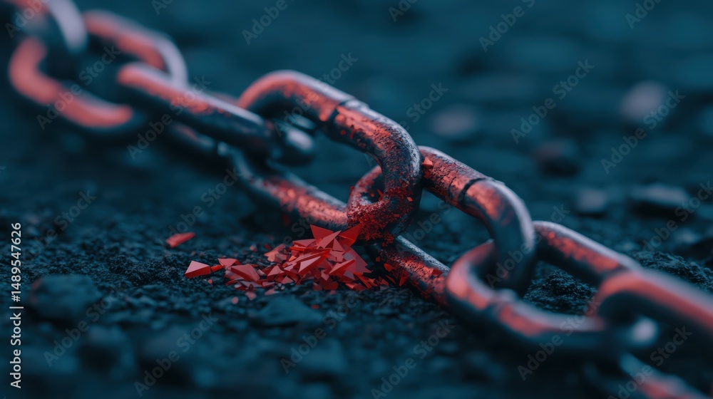 Poster broken metal chain with red shards on dark textured surface