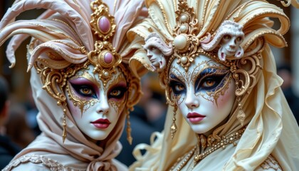 fantastical depictions of dimension warping masks at the venetian carnival, showcasing whimsical designs that defy conventional boundaries and transform the wearer's appearance.