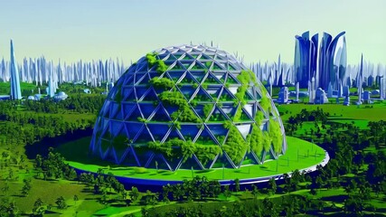 Futuristic geodesic dome structure with green vegetation in a modern landscape, featuring sustainable architecture and urban design elements. - Powered by Adobe