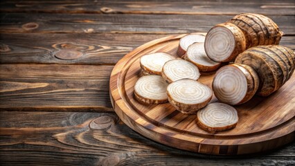 A large taro root is sliced into thin rounds and placed on a wooden cutting board, round, food,  round